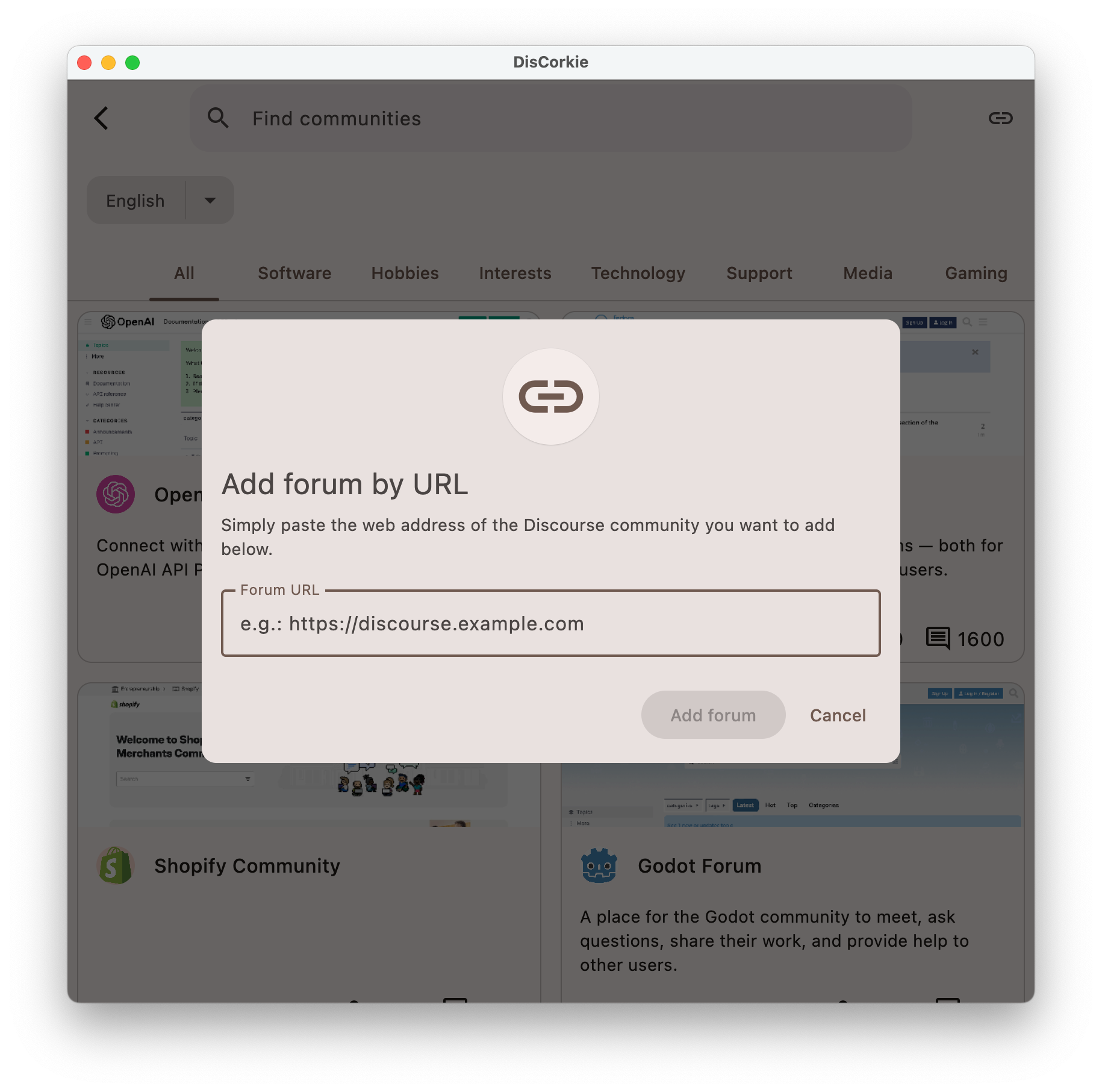 The DisCorkie application showing a field we the use can write the forum URL