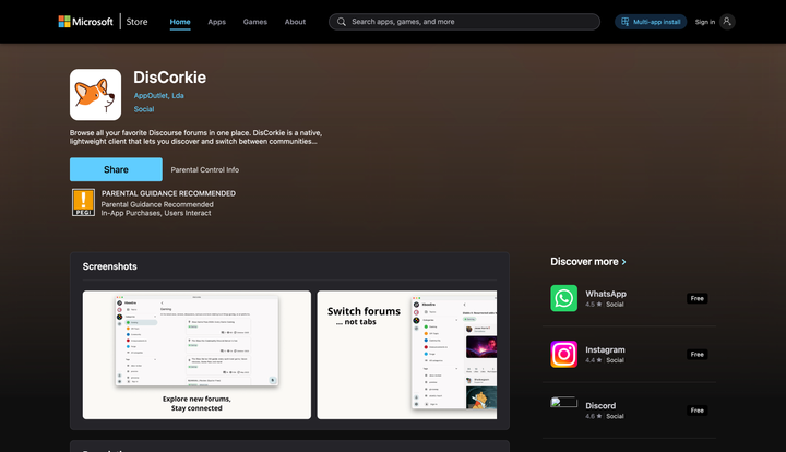 DisCorkie 1.7.15: Hello, Microsoft Store!